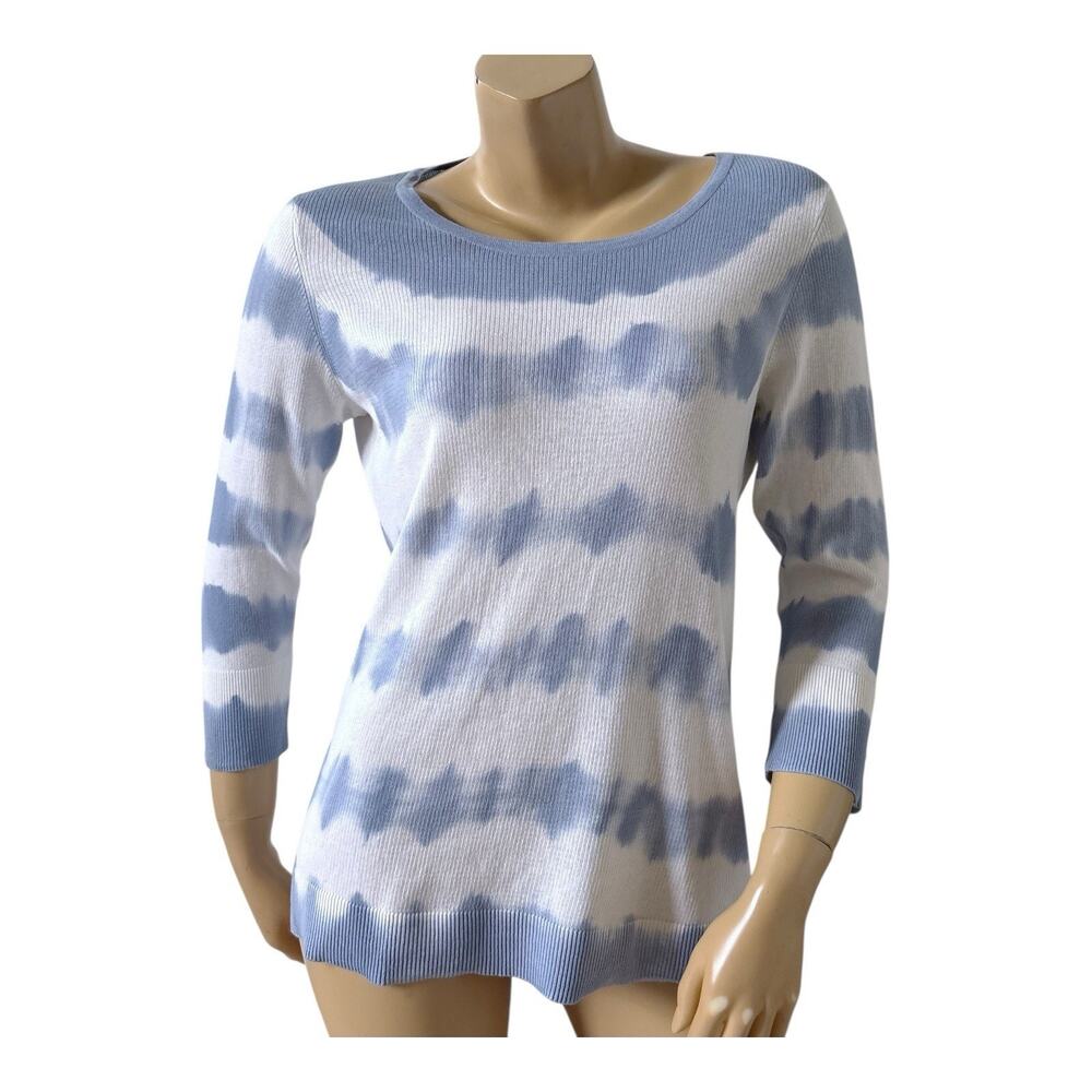 Chicos Sweater Womens 2 US Large Blue White Tie Dye 3/4 Sleeve Lightweight Knit